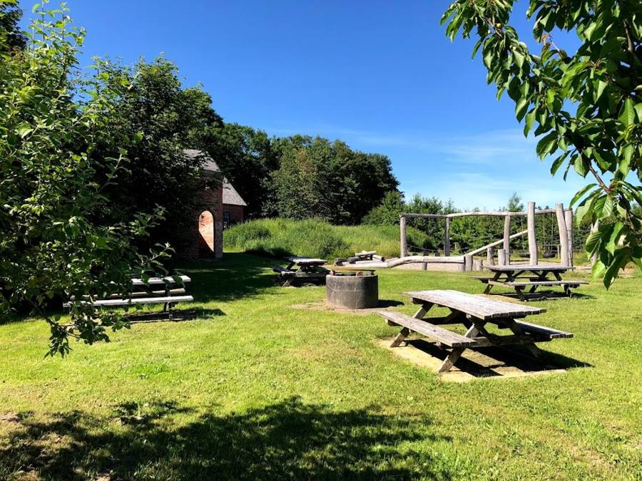 Bålstedet og picnicbordene på den store græsplæne